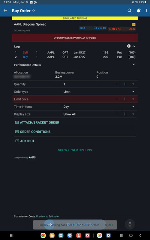 The options wizard buy order on the Android Tablet